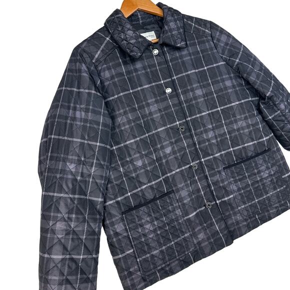 Studio Works Quilted Puffer Jacket Women PLUS 1X Black Gray Plaid Button POCKETS - Picture 1 of 13